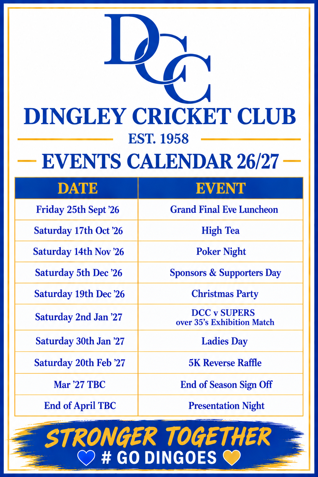 Dingley Cricket Club 2026/27 Events Calendar